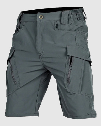 Gray-green tactical shorts with belt loops and dual cargo leg pockets