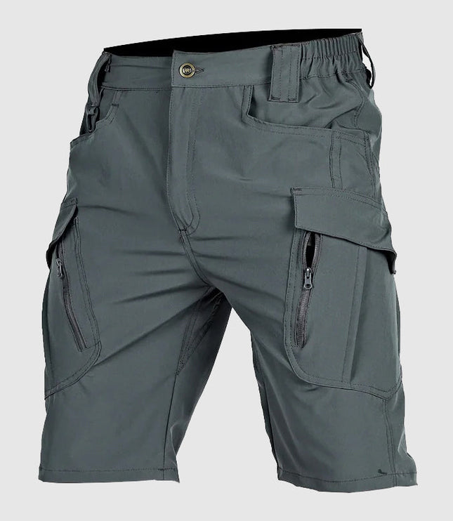 Gray-green tactical shorts with belt loops and dual cargo leg pockets