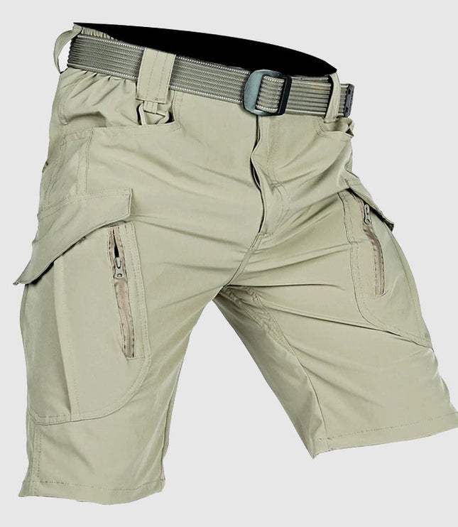 Tan tactical cargo shorts with tactical belt and side cargo pockets