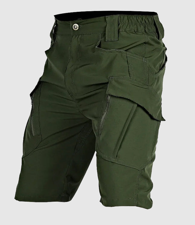 Forest green tactical cargo shorts with cargo pockets and belt included