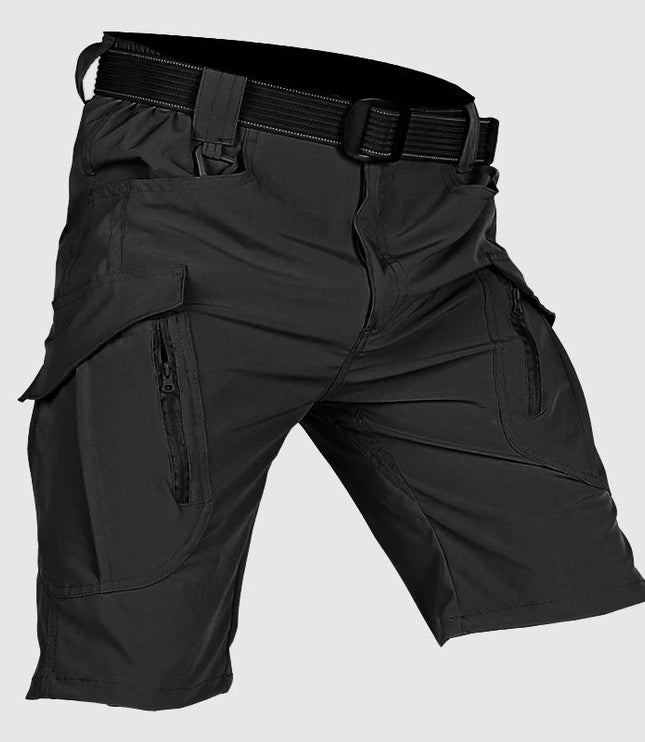 Black cargo shorts with tactical belt and reinforced cargo leg pockets