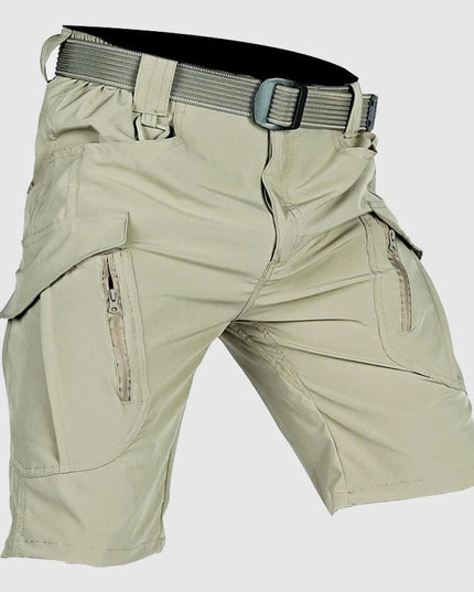 Khaki tactical cargo shorts with belt, multiple pockets and cargo leg pockets