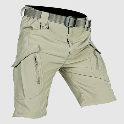 Khaki tactical cargo shorts with belt, multiple pockets and cargo leg pockets
