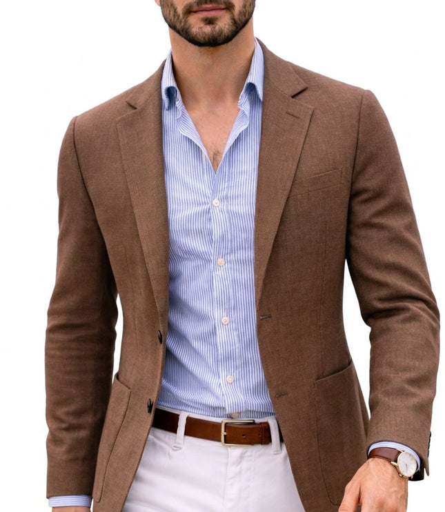 Men's Tailored Knit Blazer Mens Winter Coat Notch Lapel - Brown