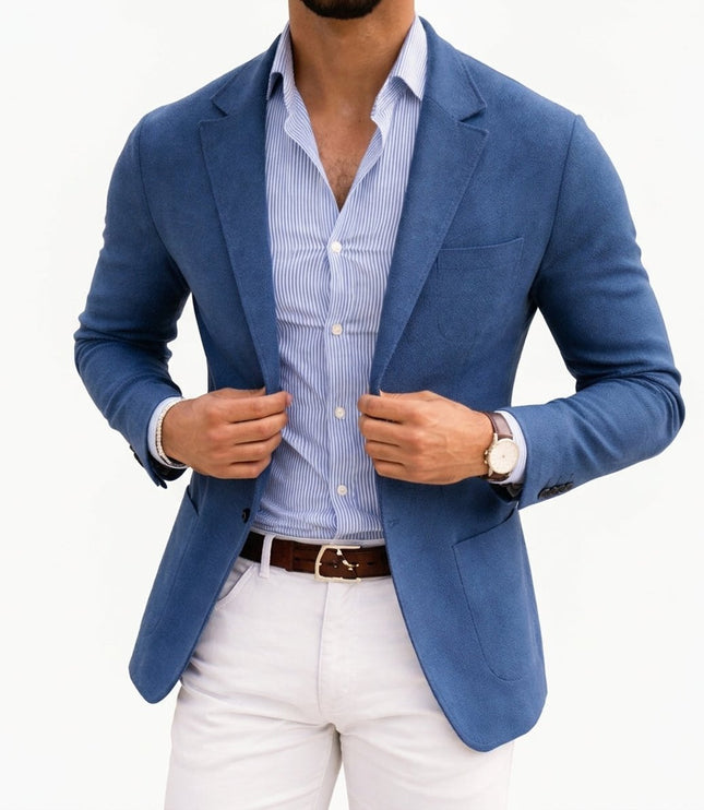 Men's Tailored Knit Blazer Mens Winter Coat Notch Lapel - Blue