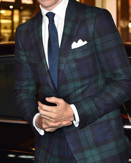 Men's tartan plaid two button notch blazer in navy and green with white dress shirt