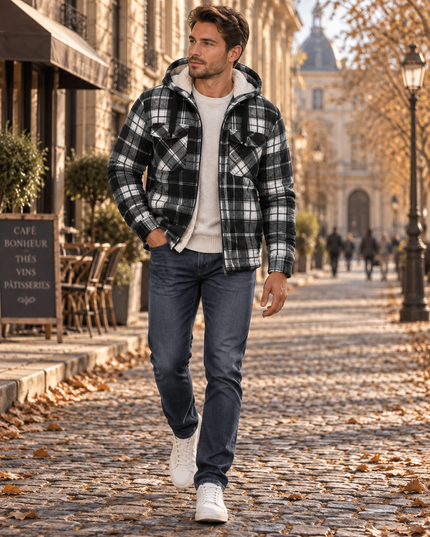 Men's Teddy Lined Checked Hooded Jacket