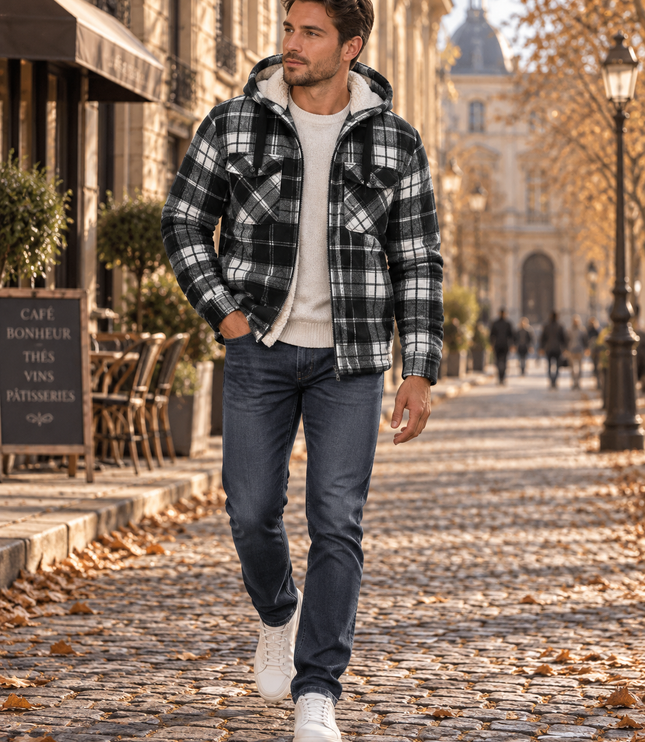 Men's Teddy Lined Checked Hooded Jacket