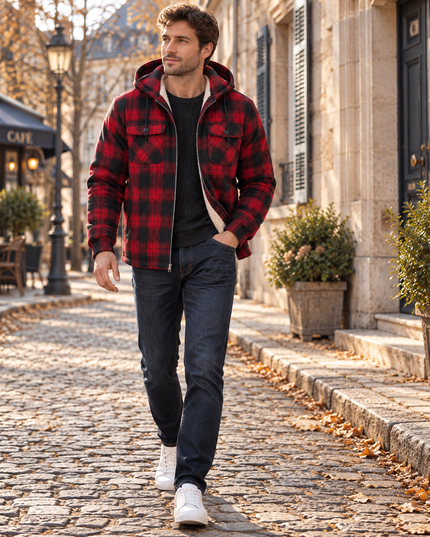 Men's Teddy Lined Checked Hooded Jacket