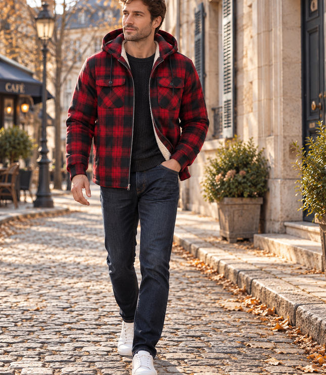 Men's Teddy Lined Checked Hooded Jacket
