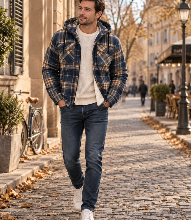 Men's Teddy Lined Checked Hooded Jacket
