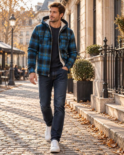 Men's Teddy Lined Checked Hooded Jacket