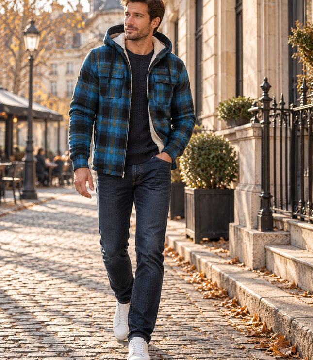 Men's Teddy Lined Checked Hooded Jacket
