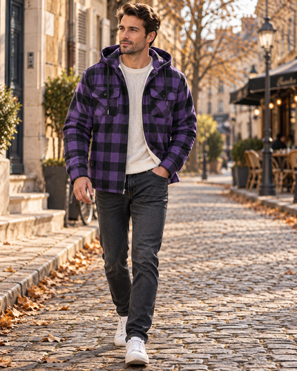 Men's Teddy Lined Checked Hooded Jacket