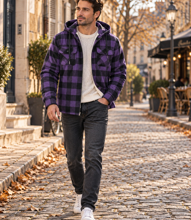 Men's Teddy Lined Checked Hooded Jacket