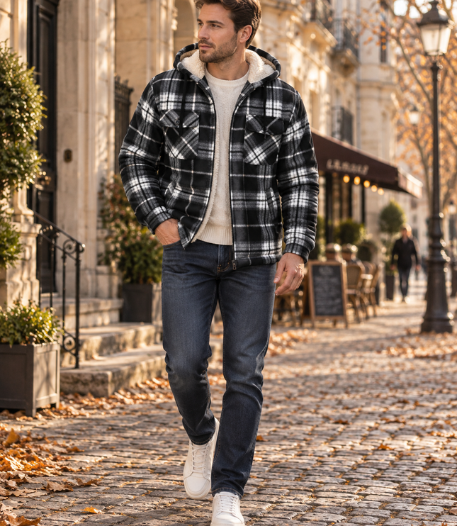 Men's Teddy Lined Checked Hooded Jacket