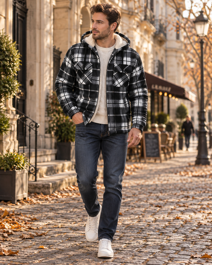 Men's Teddy Lined Checked Hooded Jacket
