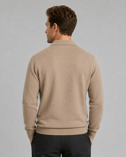 Men's Textured Knitted Polo Jumper with Ribbed Cuffs