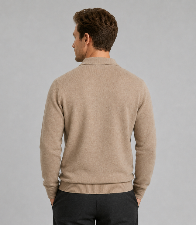 Men's Textured Knitted Polo Jumper with Ribbed Cuffs