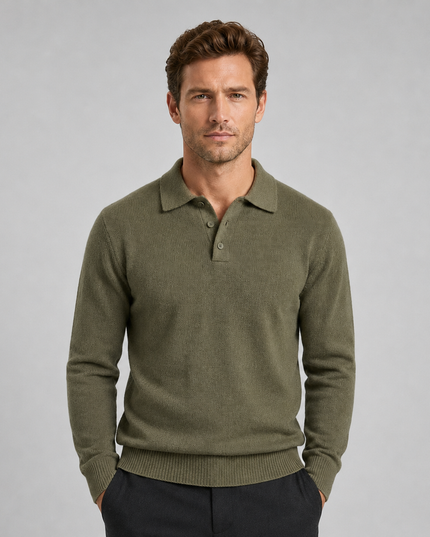 Men's Textured Knitted Polo Jumper with Ribbed Cuffs