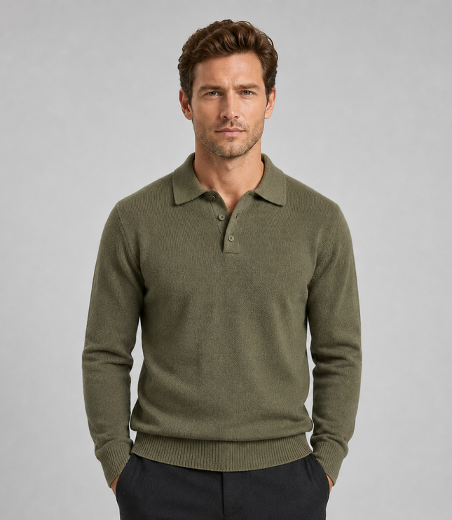 Men's Textured Knitted Polo Jumper with Ribbed Cuffs