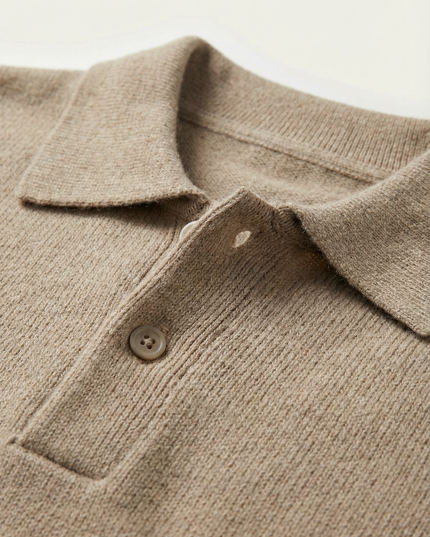 Men's Textured Knitted Polo Jumper with Ribbed Cuffs