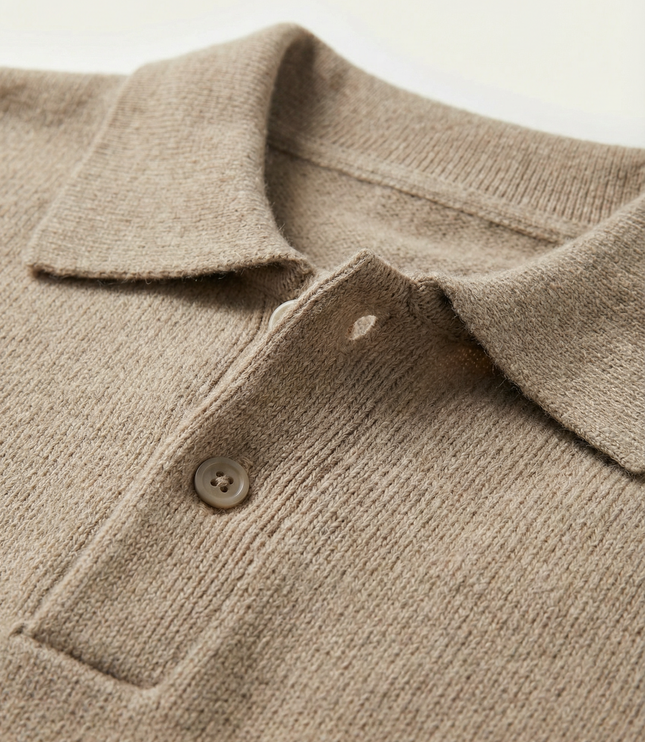 Men's Textured Knitted Polo Jumper with Ribbed Cuffs