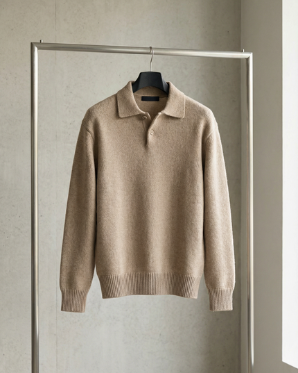 Men's Textured Knitted Polo Jumper with Ribbed Cuffs