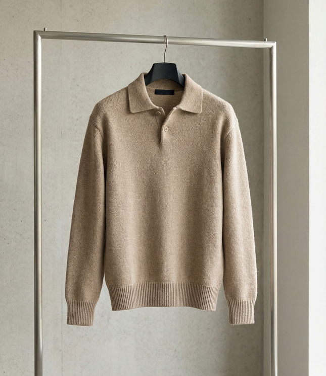 Men's Textured Knitted Polo Jumper with Ribbed Cuffs