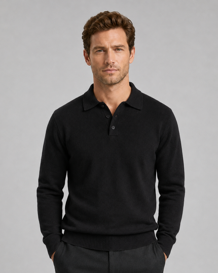 Men's Textured Knitted Polo Jumper with Ribbed Cuffs