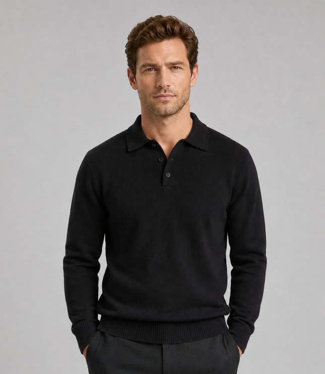 Men's Textured Knitted Polo Jumper with Ribbed Cuffs