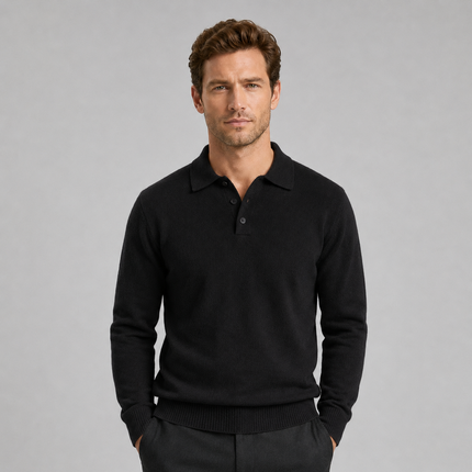 Men's Textured Knitted Polo Jumper with Ribbed Cuffs