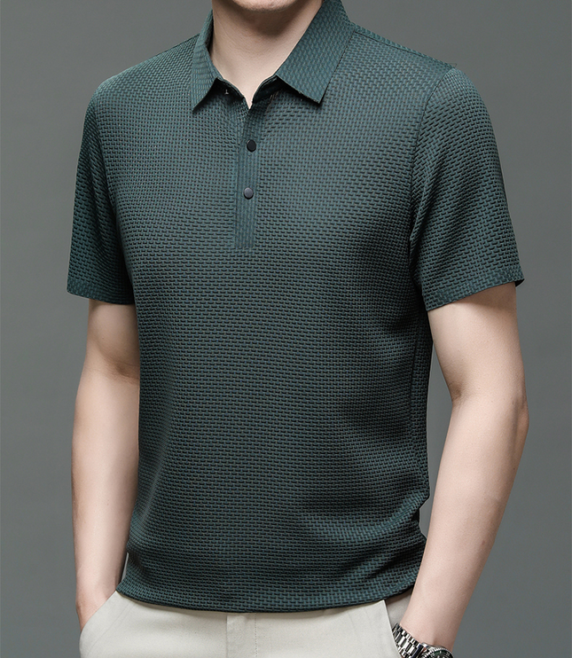 Teal textured short sleeve button polo shirt with waffle knit pattern