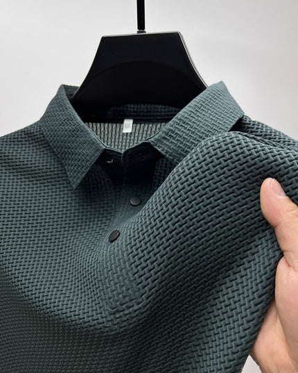 Close-up of teal polo shirt fabric texture and button placket detail