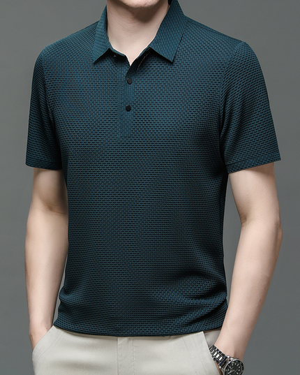 Teal textured short sleeve button polo shirt front view