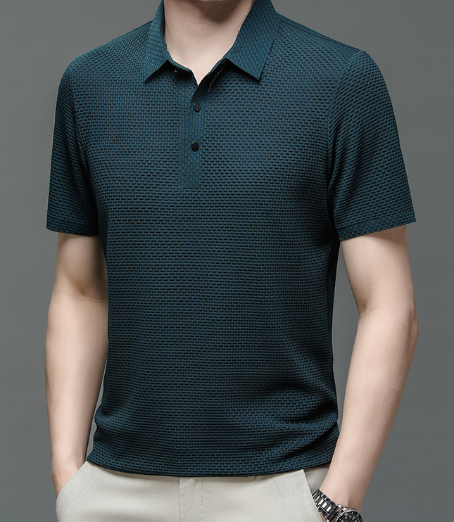 Teal textured short sleeve button polo shirt front view