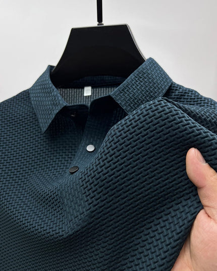 Close-up of teal polo shirt weave texture and collar detail