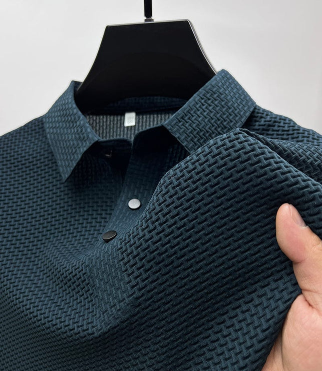 Close-up of teal polo shirt weave texture and collar detail
