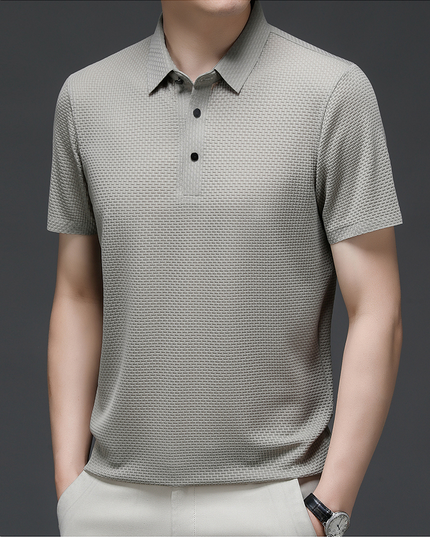 Light gray textured short sleeve button polo shirt front