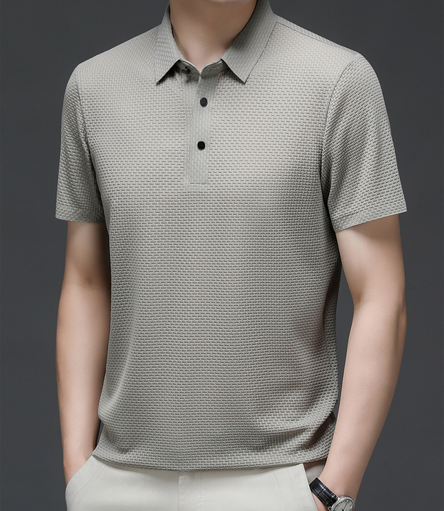 Light gray textured short sleeve button polo shirt front