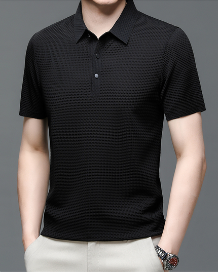 Black textured short sleeve button polo shirt front view