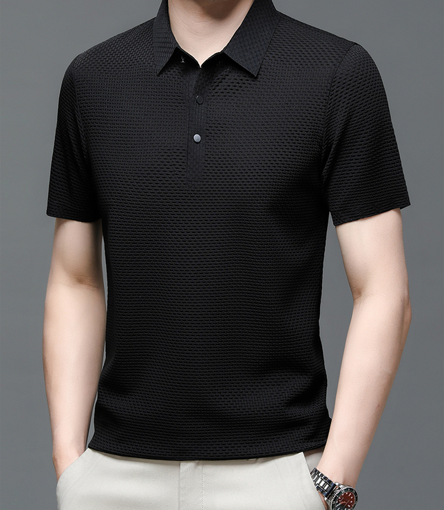 Black textured short sleeve button polo shirt front view