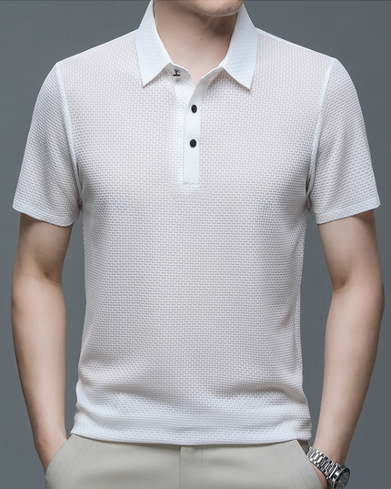 White textured short sleeve button polo shirt front view