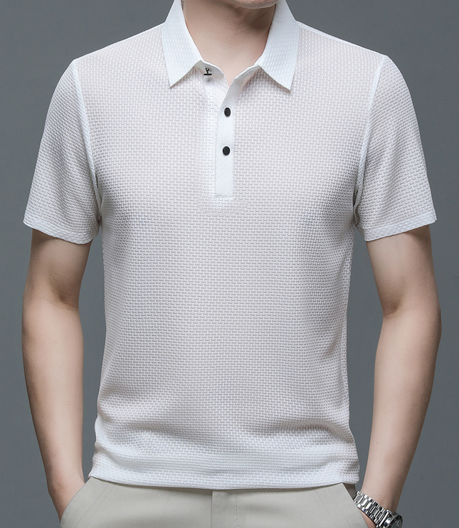 White textured short sleeve button polo shirt front view