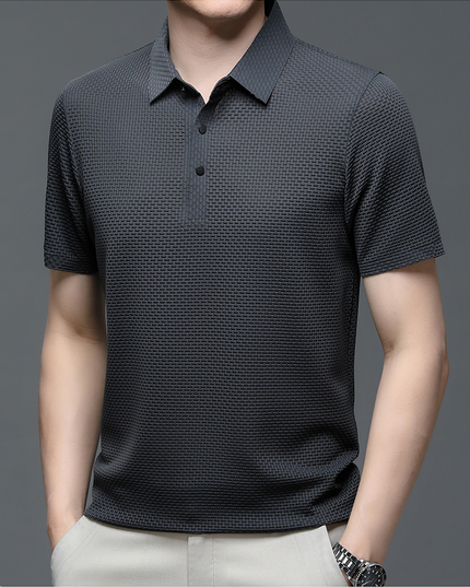 Charcoal textured short sleeve button polo shirt front view