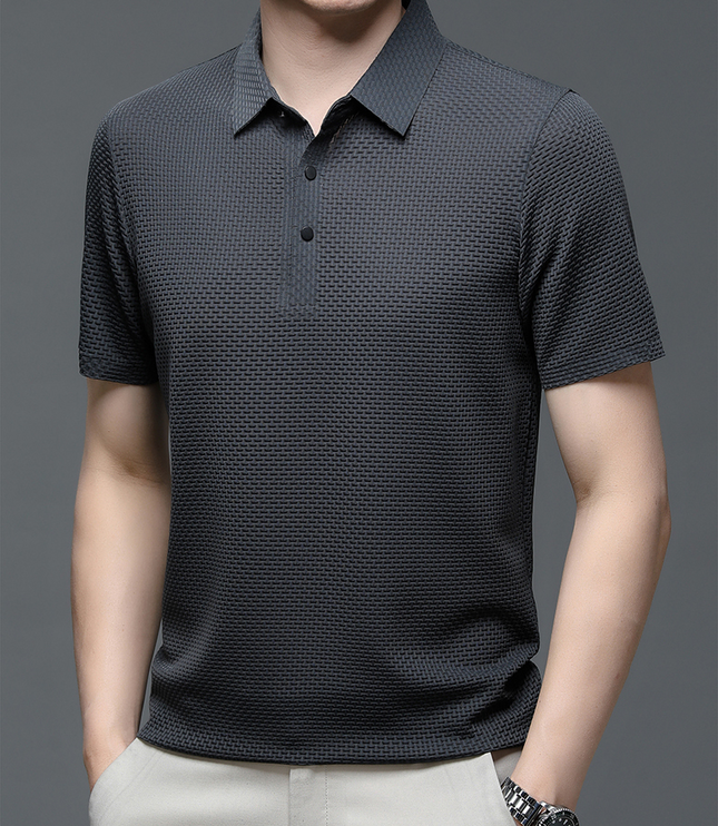 Charcoal textured short sleeve button polo shirt front view