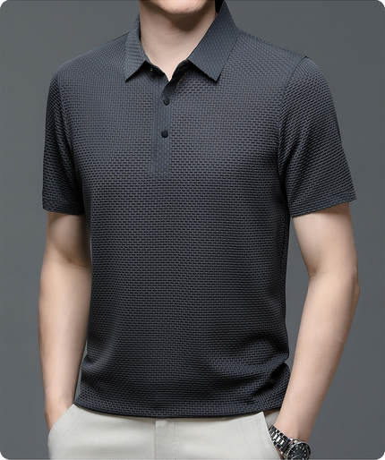 Charcoal textured short sleeve button polo shirt front view