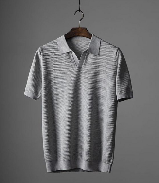 Light gray textured polo shirt with short sleeves and knit detail