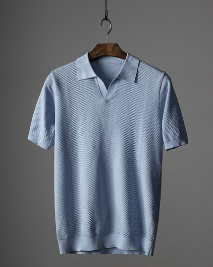 Light blue textured short sleeve polo with contrast collar detail