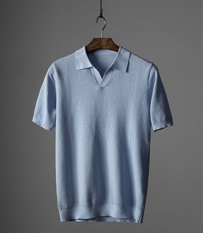 Light blue textured short sleeve polo with contrast collar detail